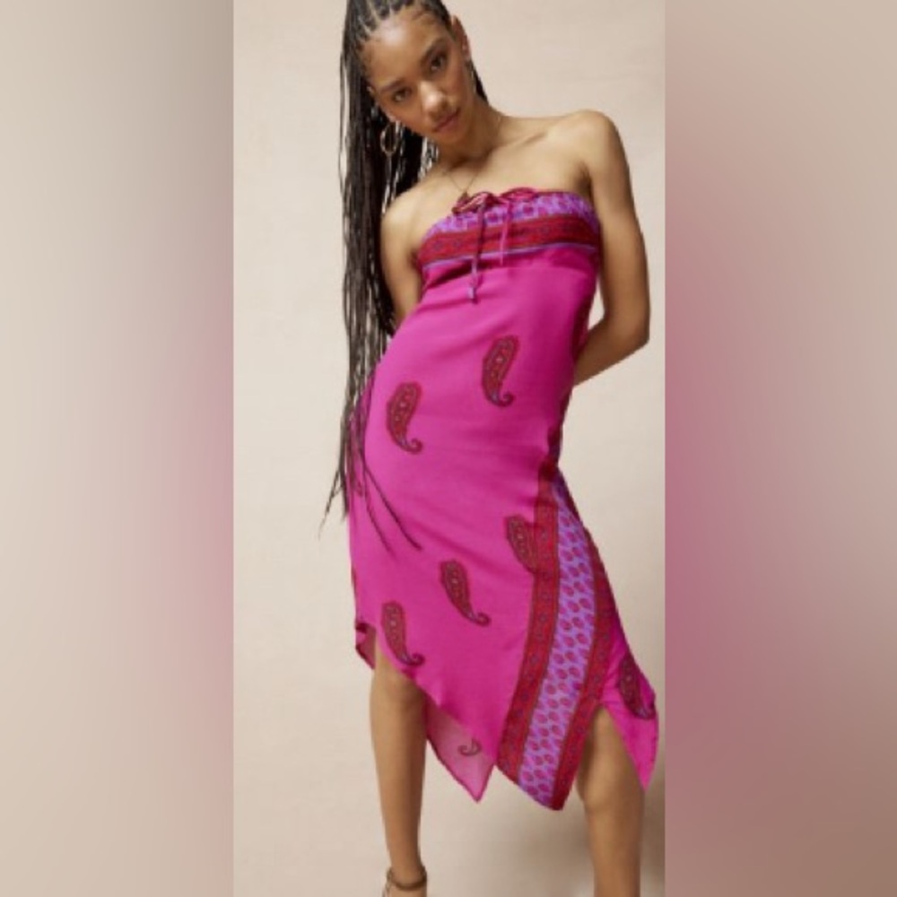 Urban Outfitters Hot Pink Paisley Strapless Handkerchief Dress